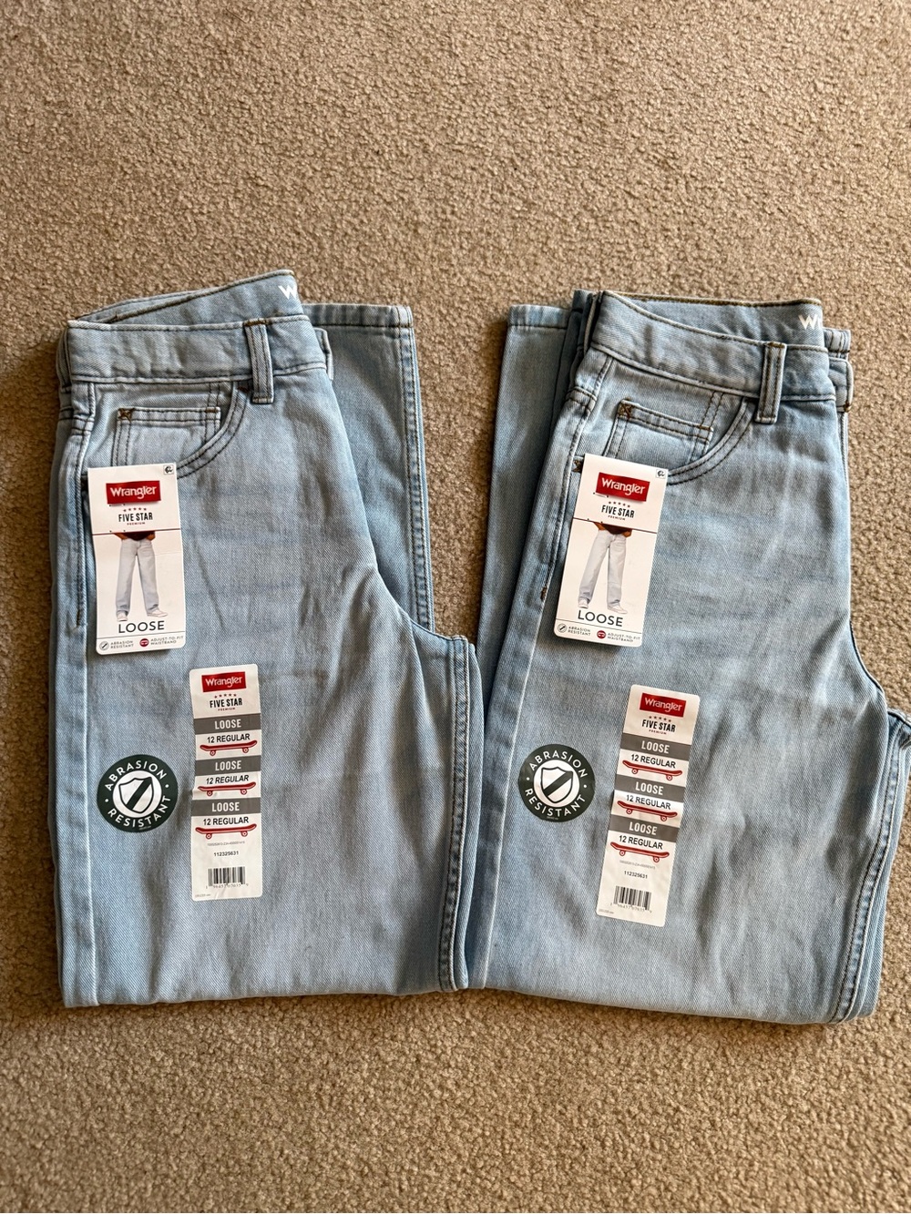 Lot of 2 pair Wrangler Boys Size 12 Regular Loose Fit Light Wash Blue Jeans